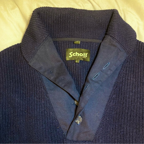 Schott NYC 100% Wool Navy Sweater Quarter Button size Large - Picture 4 of 12